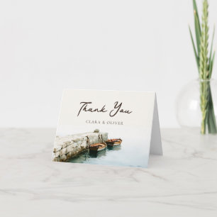 Serene Amalfi Jetty Boat Script Coastal Wedding Thank You Card