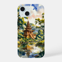 Serene Ancient Temple by the River – Watercolor