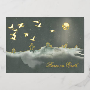 Serene and Elegant Flying Birds in the Moonshine  Foil Holiday Card