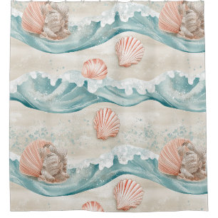 Serene Aqua Waves with Coral & Starfish Motif Shower Curtain