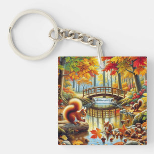 Serene Autumn Forest Scene Painting Key Ring