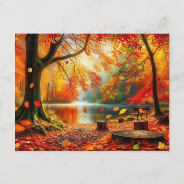 Serene Autumn Forest Scene Painting Postcard (Front)