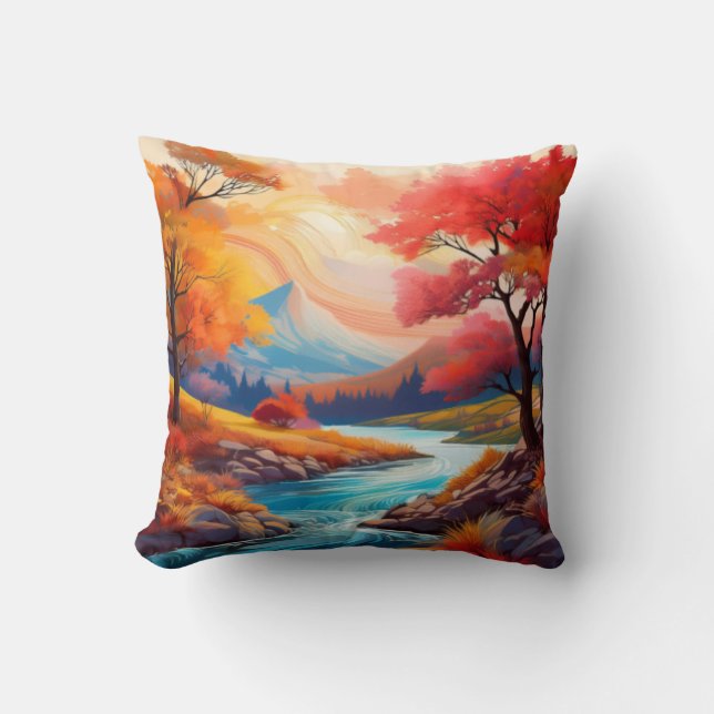 Serene Autumn Landscape with Flowing River Cushion (Front)