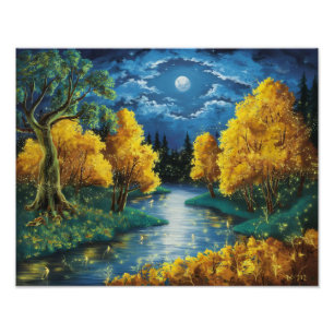 Serene Autumn Night Landscape Oil Painting   Photo Print