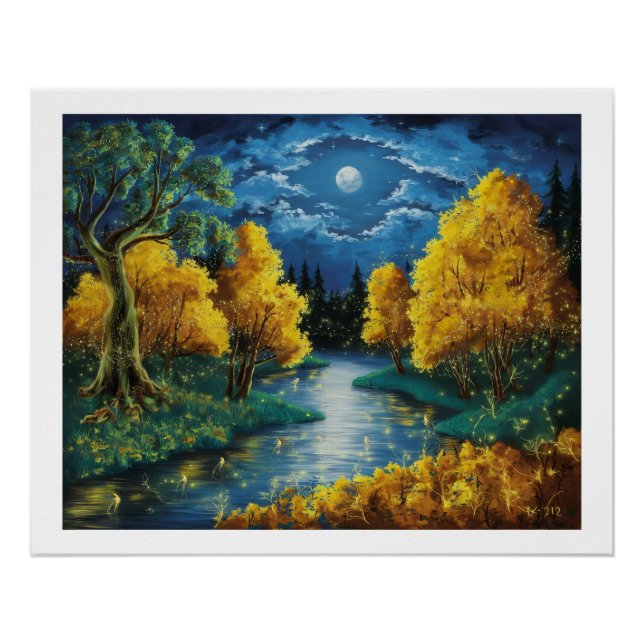 Serene Autumn Night Landscape Oil Painting   Poster (Front)