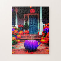 Serene Autumn Scene with Purple Pumpkin Coffee