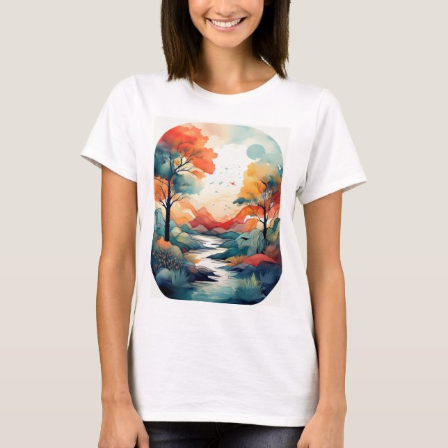 Serene Autumn Sunset: Nature-Inspired Print T-Shirt (Front)