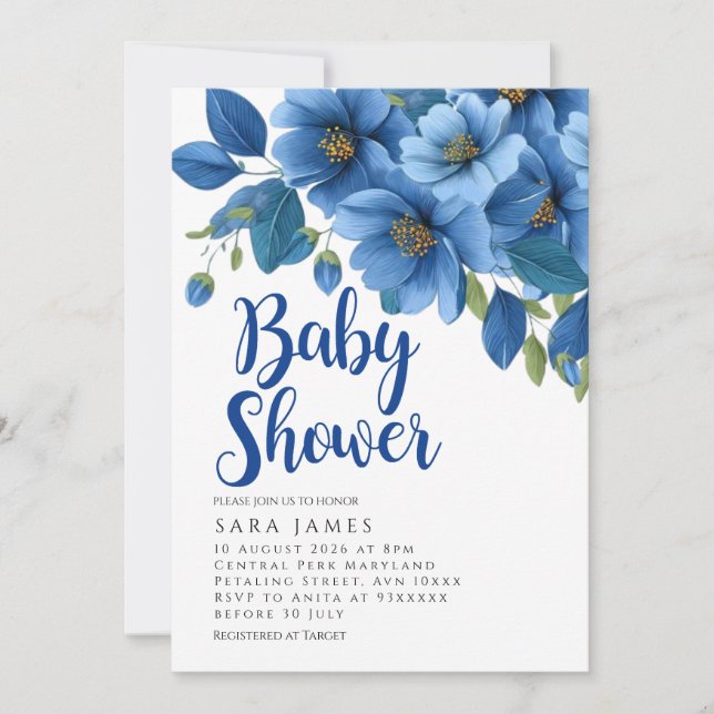 Serene Azure Bloom Baby Shower Invitation (Front)
