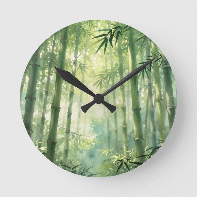 Serene Bamboo Forest Mist Glow Round Clock (Front)