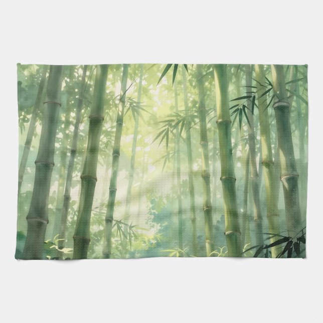 Serene Bamboo Forest Mist Glow Tea Towel (Horizontal)