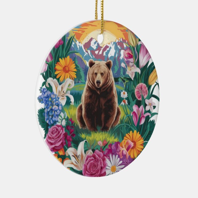 Serene bear surrounded by flowers art ceramic tree decoration (Right)