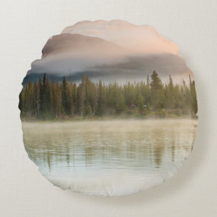 Serene beautiful lake in morning mountains, Oregon Round Cushion