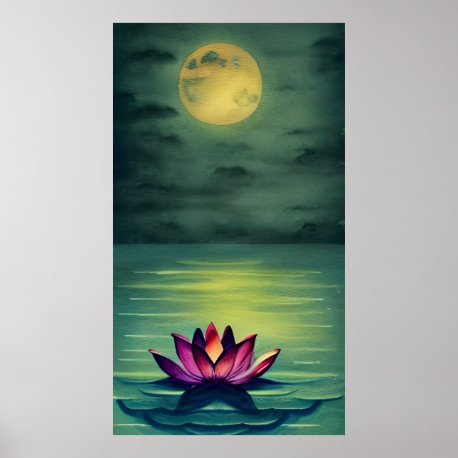 Serene Beautiful Lotus Flower and a Full Moon Poster (Front)