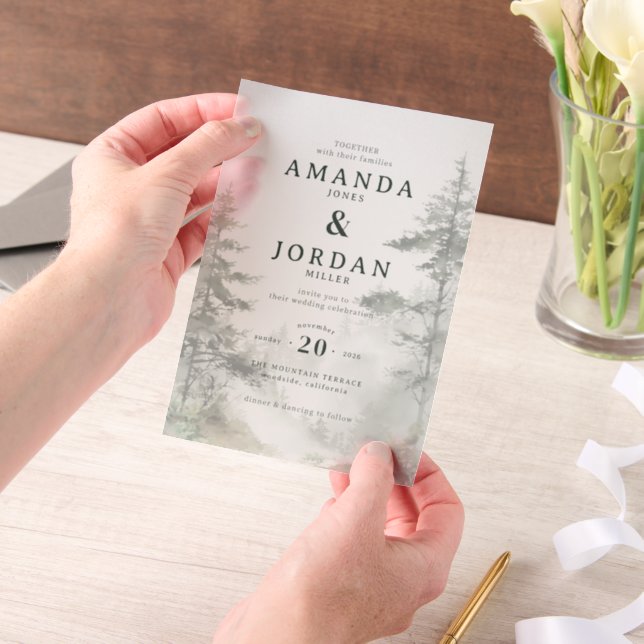 Serene Beige Watercolor Pine Trees Vellum Invitations (Handheld)