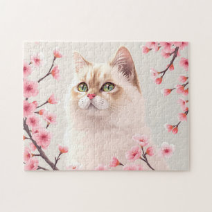 Serene Birman Cat Portrait With Cherry Blossoms  Jigsaw Puzzle