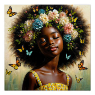 Serene Black Girl With Afro and Floral Crown Poster