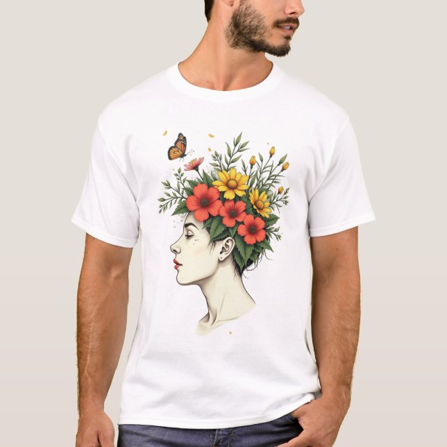 Serene Bloom - Floral Head Woman with Butterfly T-Shirt (Front)