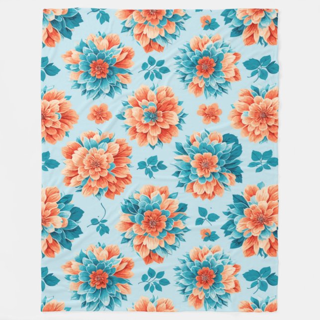 Serene Blue and Orange Blossoms: Nature's Delicate Fleece Blanket (Front)