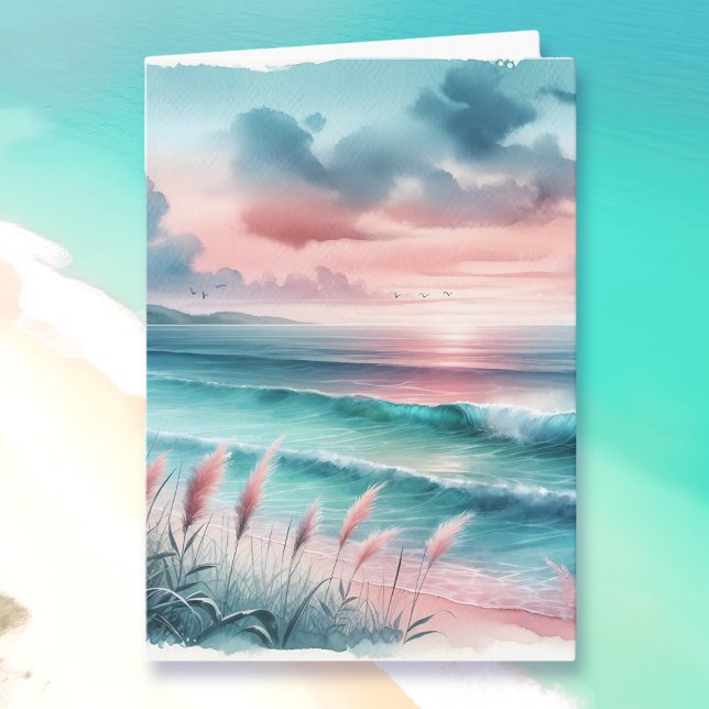 Serene Blue and Pink Coastal View Anniversary Card (Creator Uploaded)