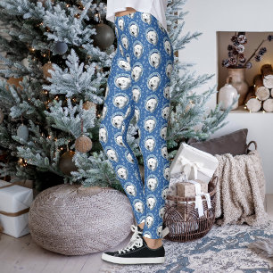 Serene Blue Art Nouveau Polar Bear Snowflakes Leggings