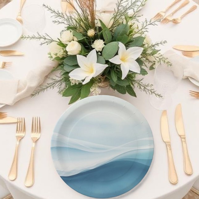Serene Blue Beach Wedding Paper Plate (Serene Blue Abstract Wedding Paper Plates)