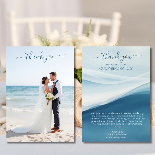 Serene Blue Beach Wedding Thank you  Invitation (Serene Blue Abstract Wedding Thank You Card )