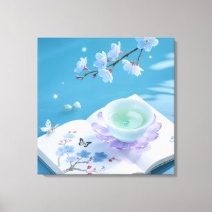 Serene Blue Cherry Blossom Book & Tea Cup Dreamy Canvas Print