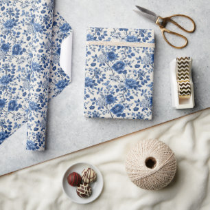 Serene Blue Floral Asian-Inspired Wrapping Paper