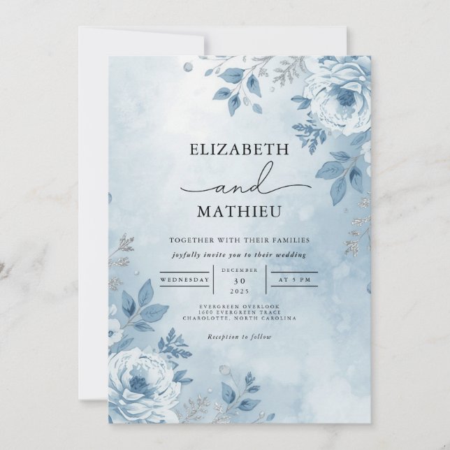 Serene Blue Floral Wash Wedding Invitation (Front)