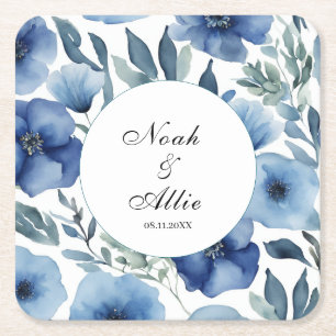 Serene Blue Floral Wedding Square Paper Coaster