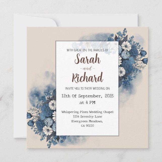 Serene Blue Floral with Elegant Beige Background Invitation (Front)