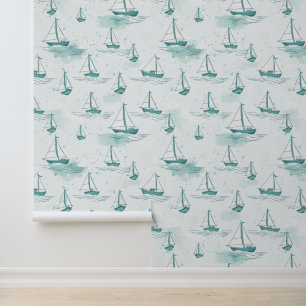 Serene Blue Green Sailing Boats Pattern Wallpaper