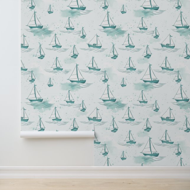 Serene Blue Green Sailing Boats Pattern Wallpaper (Application)