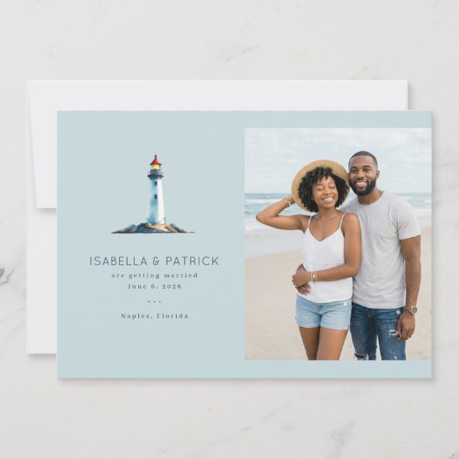 Serene Blue Lighthouse Beach Save The Date (Front)