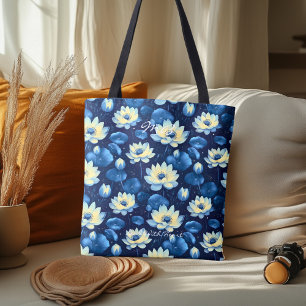Serene Blue Lotus Floral Wellness Tote Bag