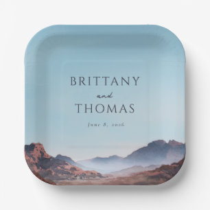 Serene Blue Minimalist Mountain Landscape Paper Plate
