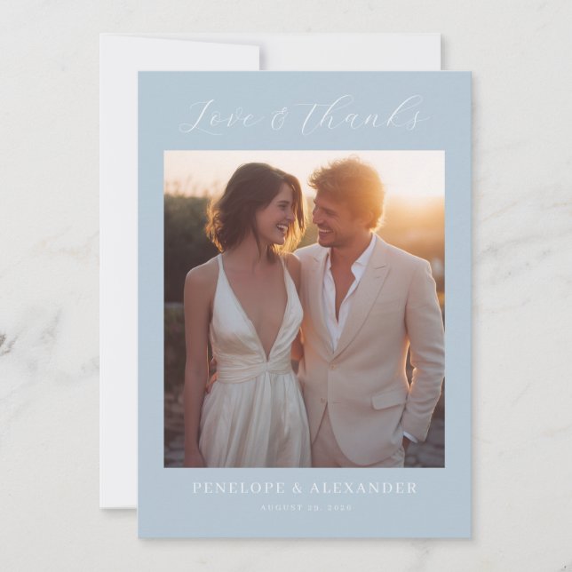 Serene Blue Minimalist Photo Thank You Card (Front)