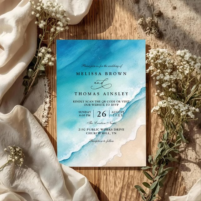 Serene Blue Ocean Beach Elegant QR Code Wedding Invitation (Creator Uploaded)