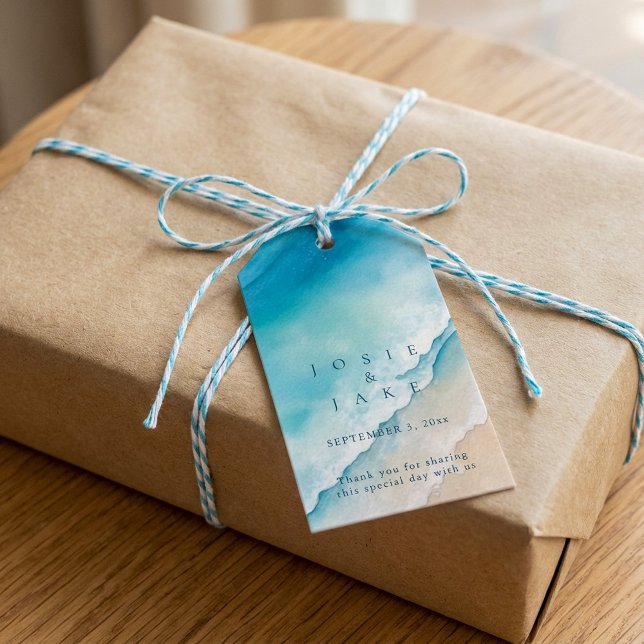 Serene blue ocean wedding favour tag (Serene blue ocean wedding favor tag with bride and groom names, wedding date and message of thanks.)