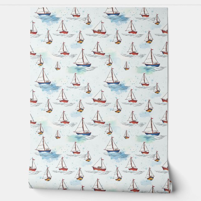 Serene Blue Red Sailing Boats on Sea Pattern Wallpaper (Unrolling)