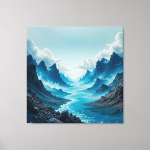 Serene Blue River Flowing Amidst Dramatic Mountain Canvas Print