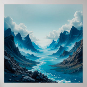 Serene Blue River Flowing Amidst Dramatic Mountain Poster