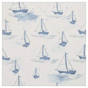 Serene Blue Sailing Boats on Sea Pattern Fabric