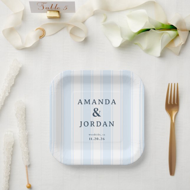 Serene Blue Stripes Paper Plate (Wedding)