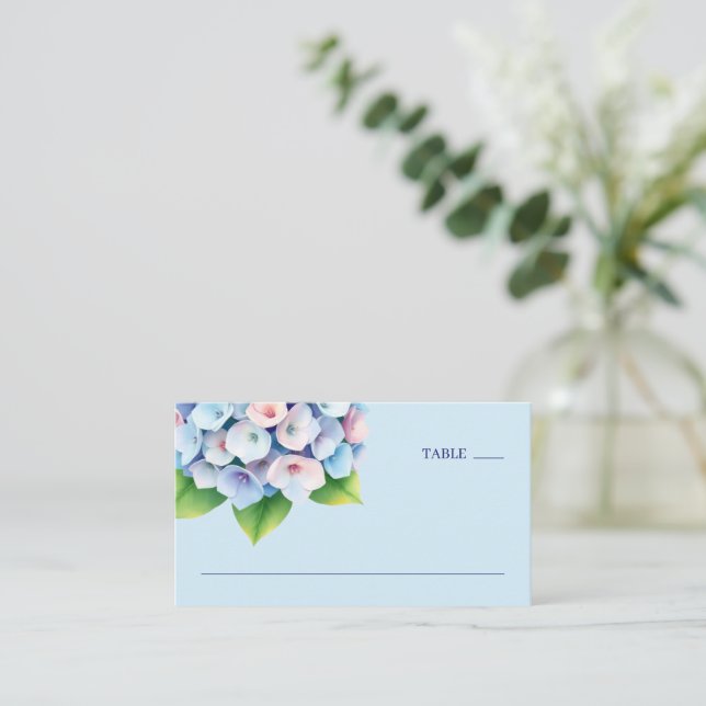 Serene Blue Watercolor Hydrangea Place Card (Standing Front)