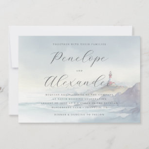 Serene Blue Watercolor Lighthouse Invitation