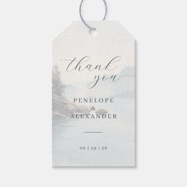 Serene Blue Watercolor Nature Scene Gift Tags (Front)