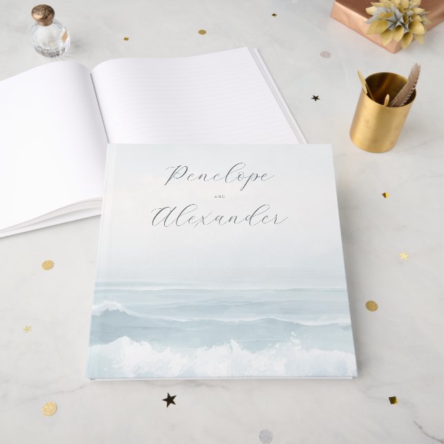 Serene Blue Watercolor Ocean Waves Guest Book (Front Open)