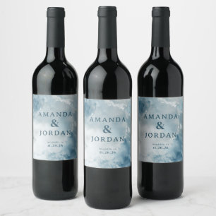 Serene Blue Watercolor Wedding Wine Label