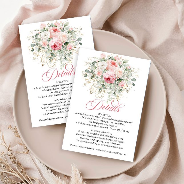 Serene blush roses greenery gold modern wedding  enclosure card (Serene blush roses greenery gold modern wedding details card)